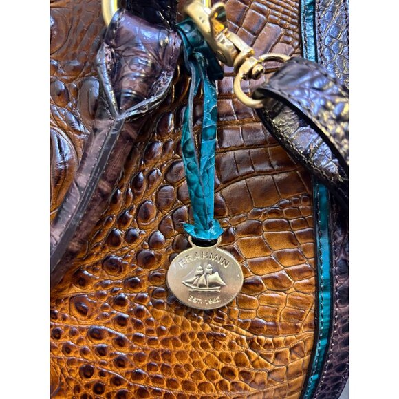 Brahmin Tricolor Cognac Brown & Green Croc Embossed Leather Shoulder Bag Satchel - Picture 8 of 10